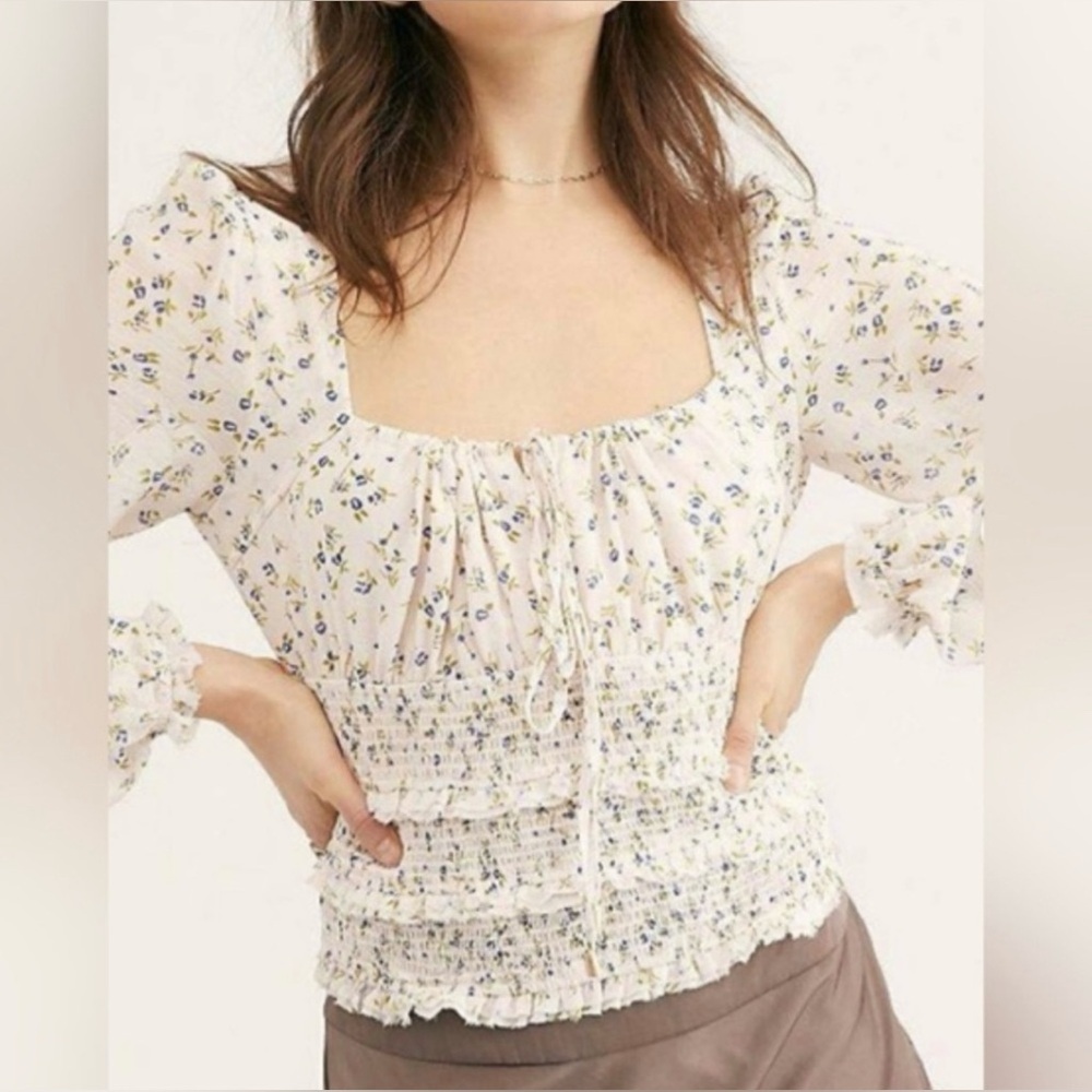 Free People Printed Lolita Top Floral Blouse Smocked Ruffled Hem Women’s L